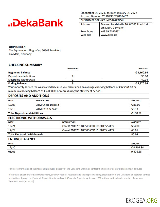 Relevé bancaire de Dekabank en Allemagne